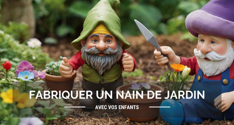 Une image de couverture d'article de blog montrant des nains de jardin qui illustre comment fabriquer des nains de jardin avec ses enfants façon do it yourself