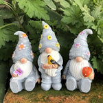Lot de 3 nain de jardin de couleur gris avec papillon, oiseau et champignon