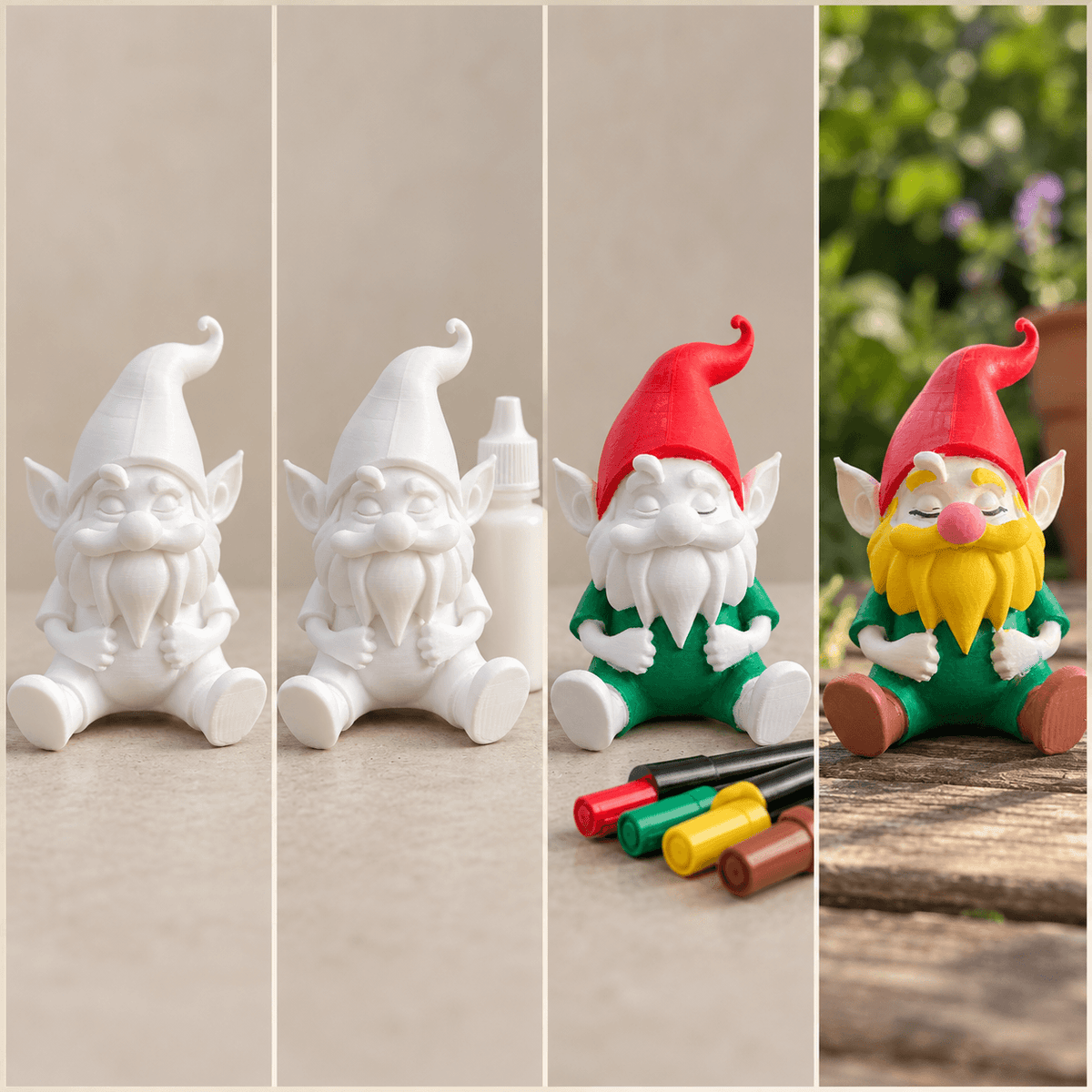 étapes de coloriage d'un nain de jardin en 3D en plusieurs couleurs