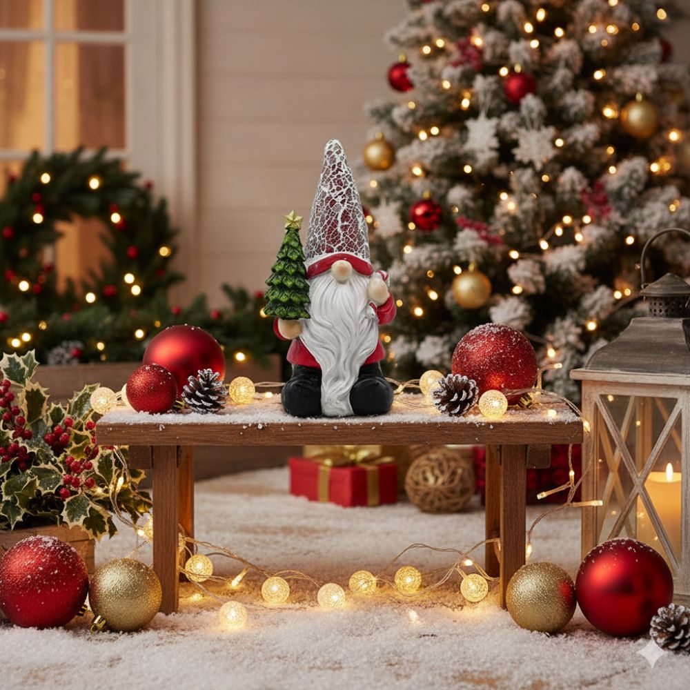 gnome de noël extérieur avec chapeau rouge