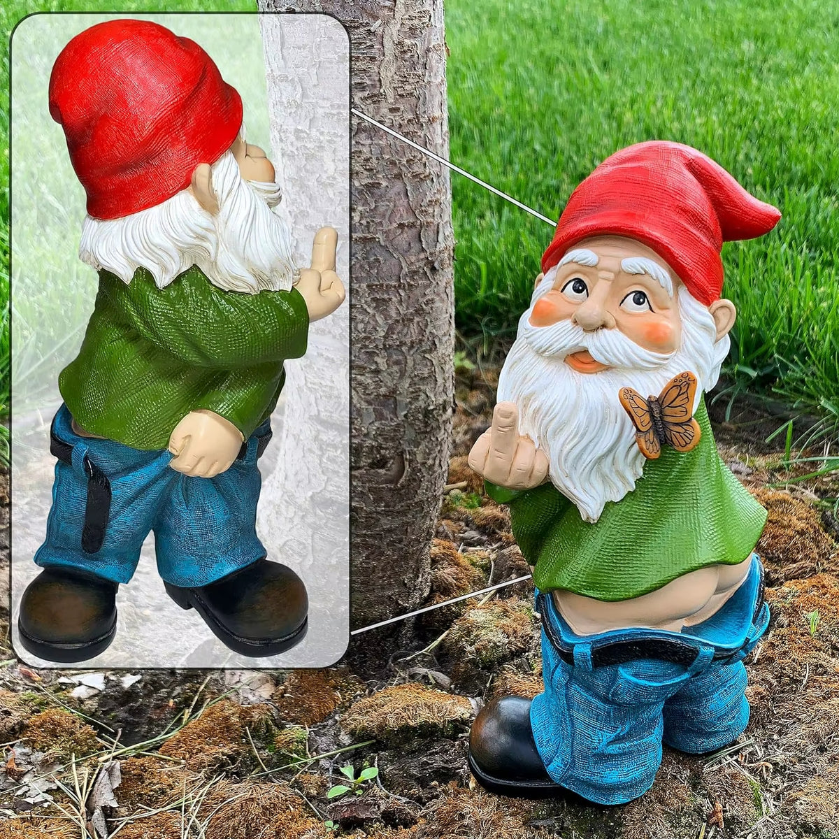 nain de jardin qui fait un doigt d'honneur vue de face et de derrière